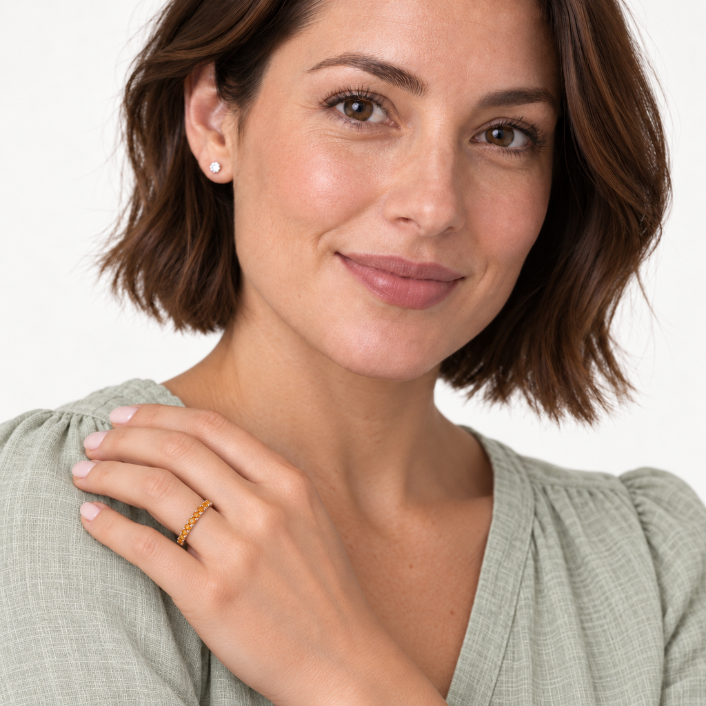 IR243 natural citrine 14k yellow gold 2 mm band — studio portrait