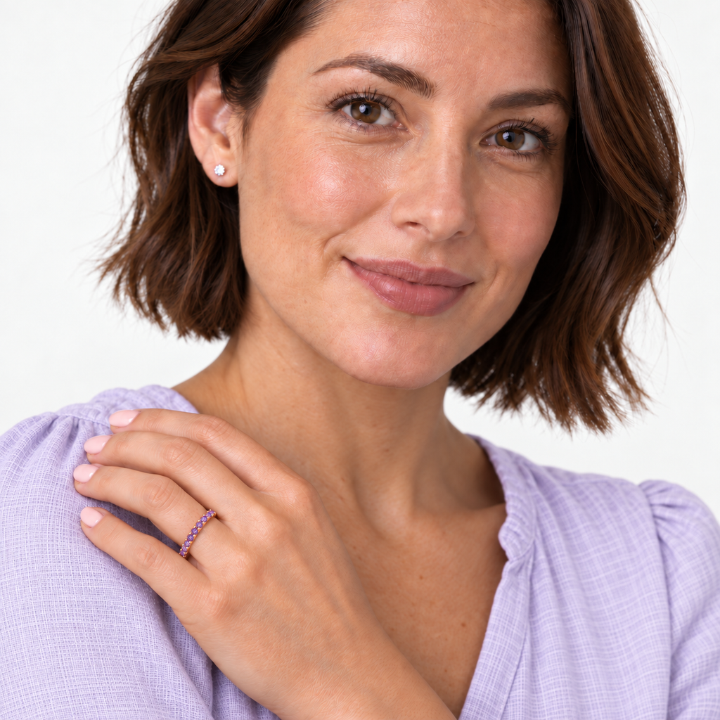 IR256 natural amethyst 14k rose gold 2 mm band — studio portrait