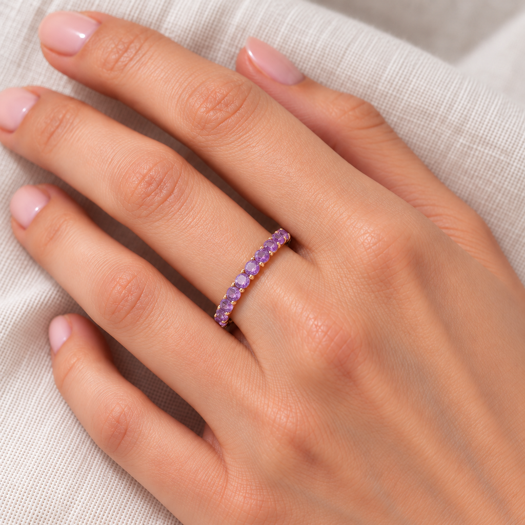 Amethyst Eternity Stackable Ring Band 14K Rose Gold (0.75ct) — ivory linen close-up on left hand