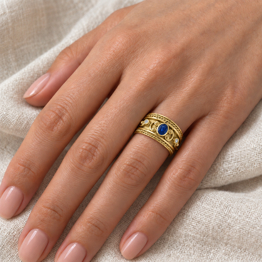 Oval blue sapphire and diamond Byzantine ring in 14k yellow gold, 12mm, 0.73ct — left ring finger closeup on ivory linen