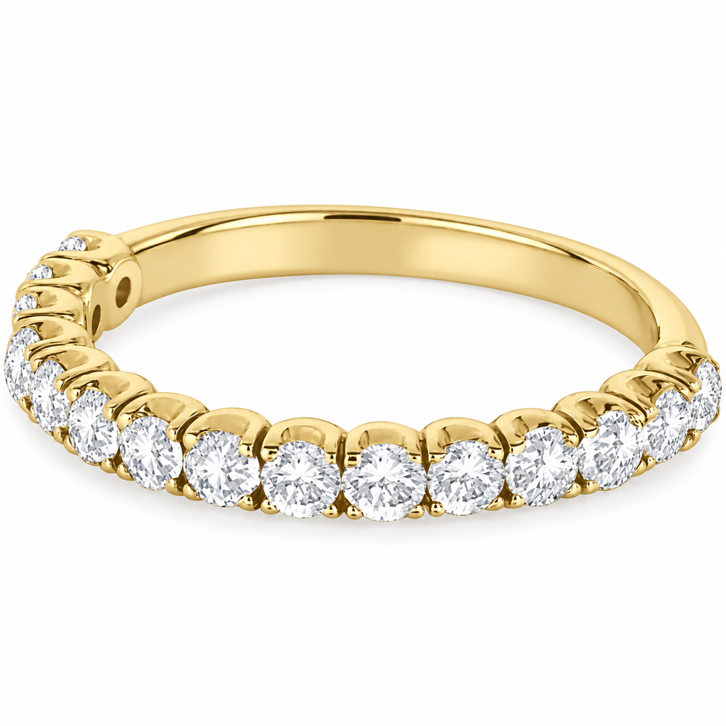 Lab-grown diamond semi-eternity band in polished 14k yellow gold, 2.5mm, fifteen round brilliant diamonds in four-prong settings — original front product angle