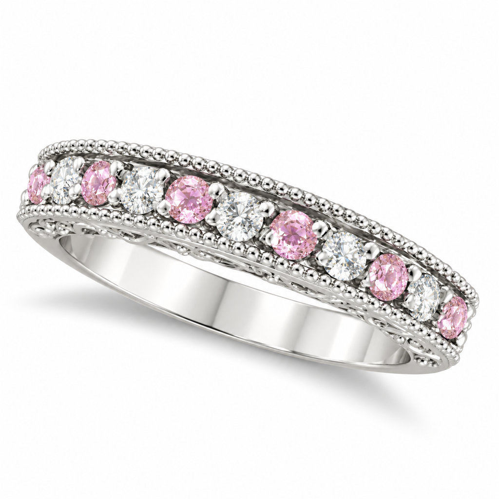 Pink sapphire and diamond anniversary band in 14K white gold, 4 mm, 0.61ct realistic product main