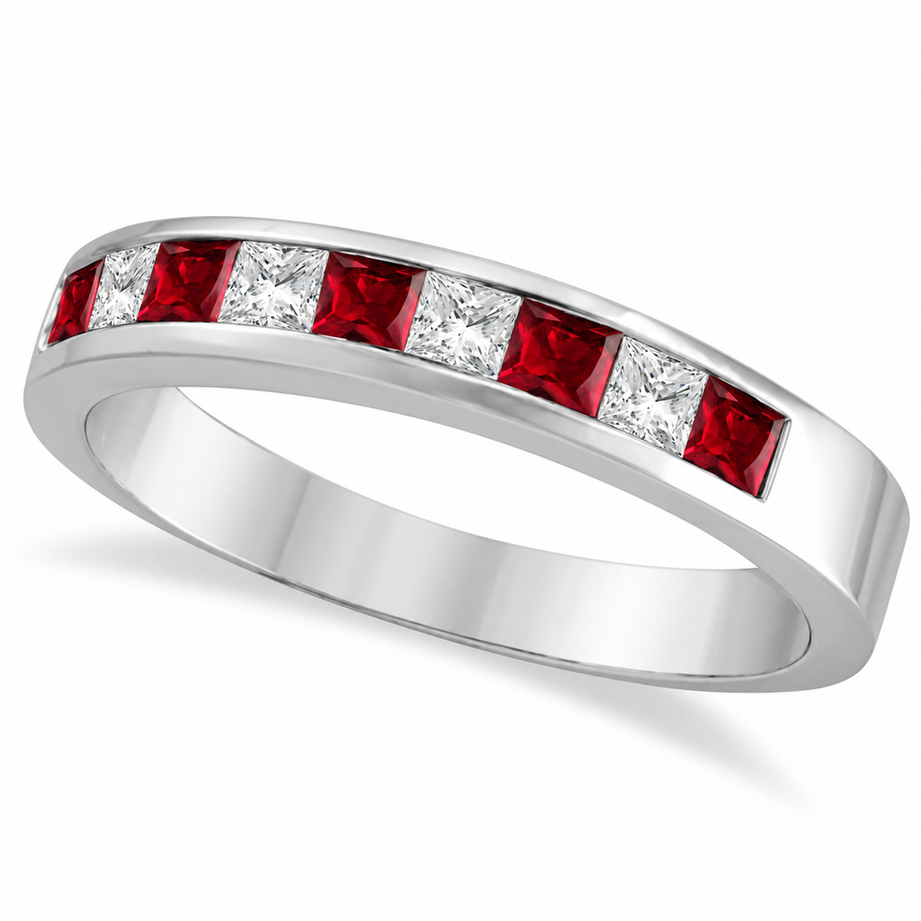Princess-cut lab ruby and lab-grown diamond channel-set band in 14K white gold, 4mm, 0.79ctw — main product view on white