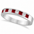 Princess-Cut Channel-Set Lab Diamond & Ruby Ring 14k White Gold