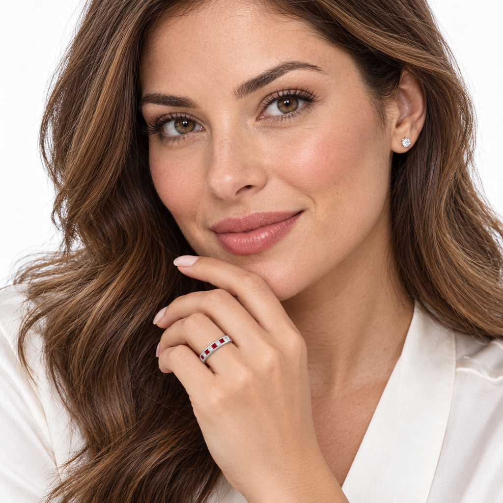 Princess-cut lab ruby and lab-grown diamond channel-set band in 14K white gold, 4mm, 0.79ctw — face-visible studio portrait, left ring finger