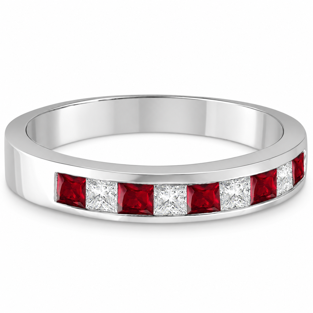 Princess-cut lab ruby and lab-grown diamond channel-set band in 14K white gold, 4mm, 0.79ctw — original-construction alternate product view on white
