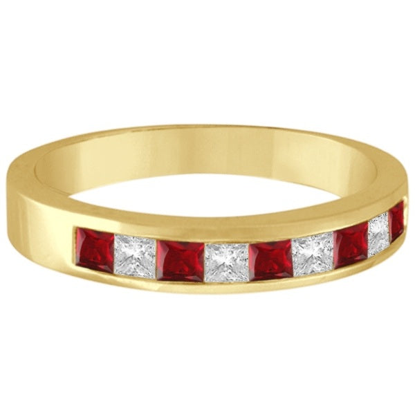 Princess-cut lab ruby and lab-grown diamond channel-set band in14K yellow gold,4mm,0.79ctw — original-construction alternate product view on white