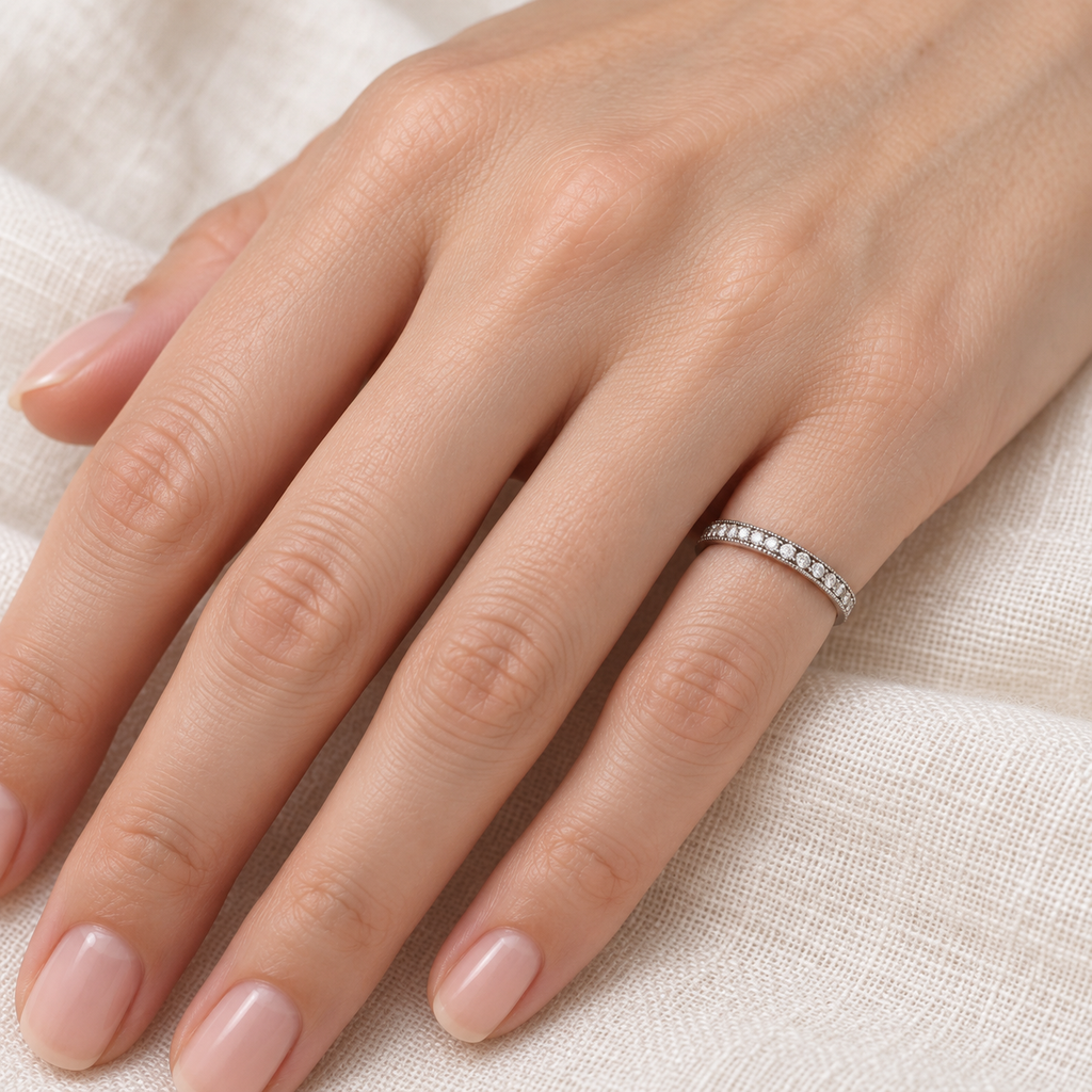 Diamond Wedding Ring Band in 14K White Gold (0.31 ctw) — 2 mm band, ivory linen close-up