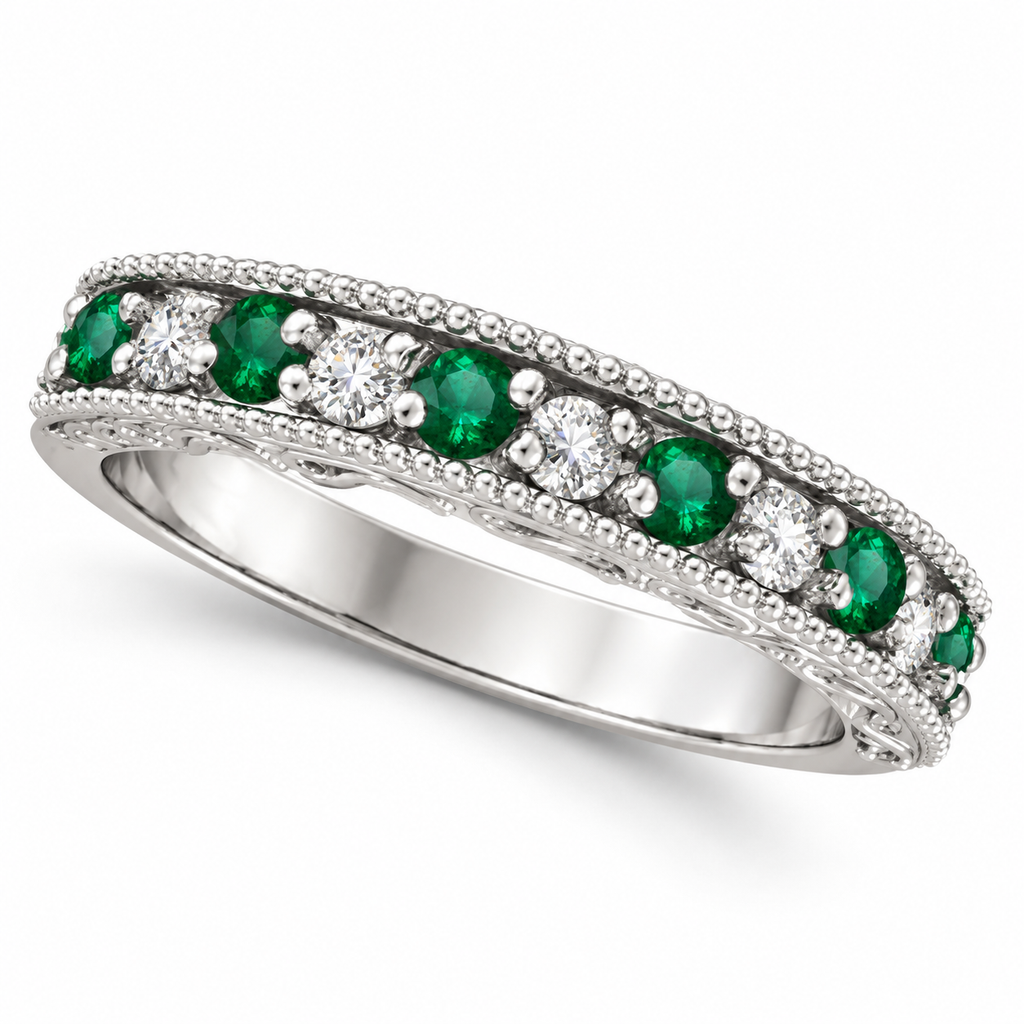 Emerald and diamond anniversary band in 14K white gold, 4 mm, 0.59ct, main view