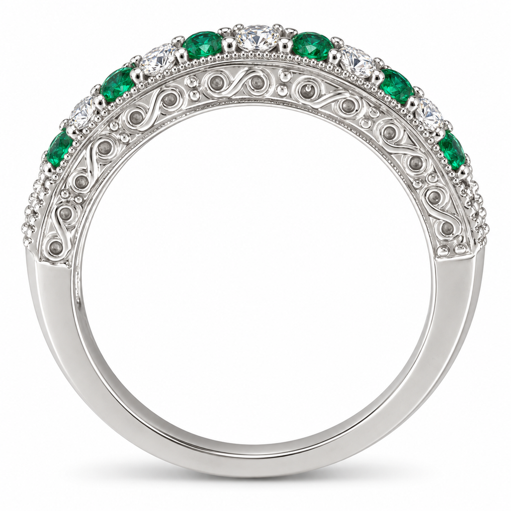 Emerald and diamond anniversary band in 14K white gold, 4 mm, 0.59ct, true side view