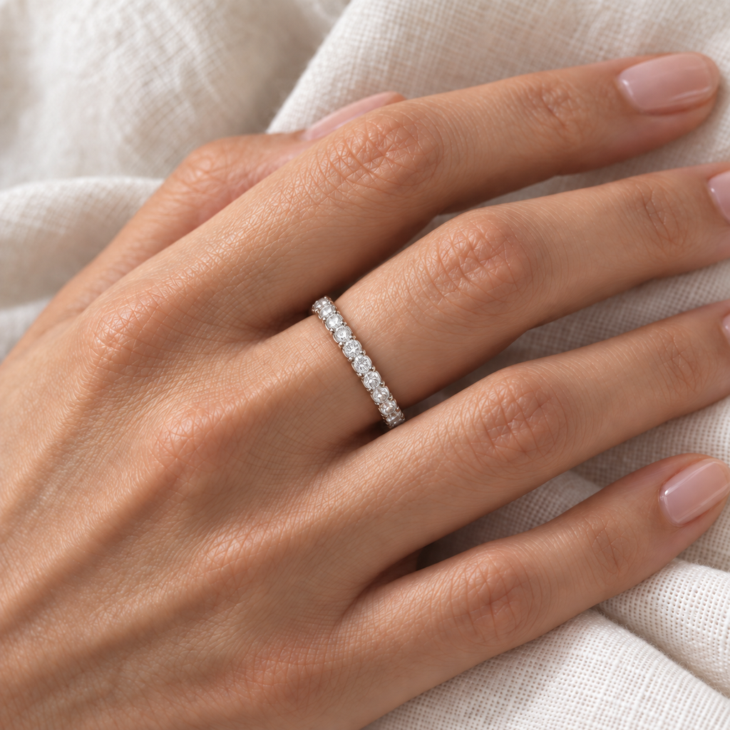 Diamond eternity ring 14k white gold 1.07ct on hand, true 2.5mm scale