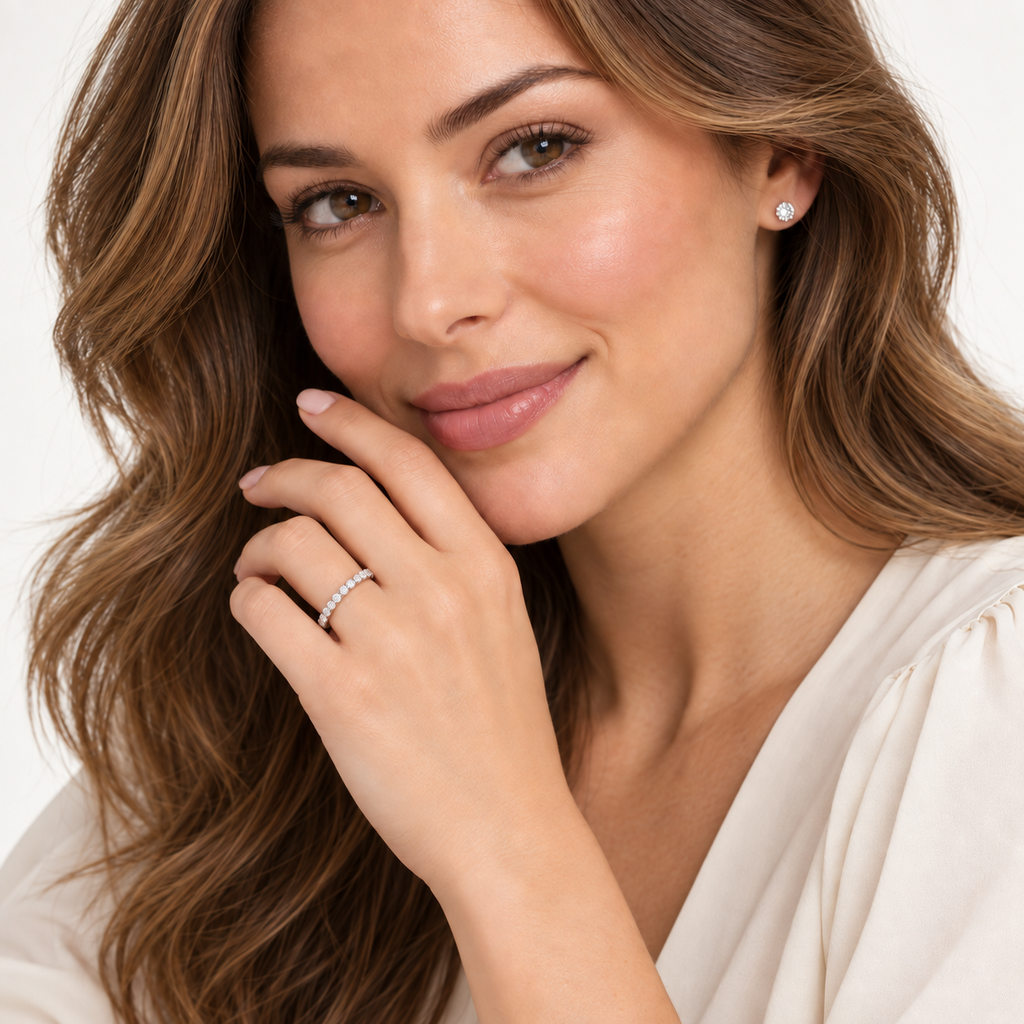 Diamond eternity ring 14k white gold 1.07ct studio portrait, true 2.5mm scale