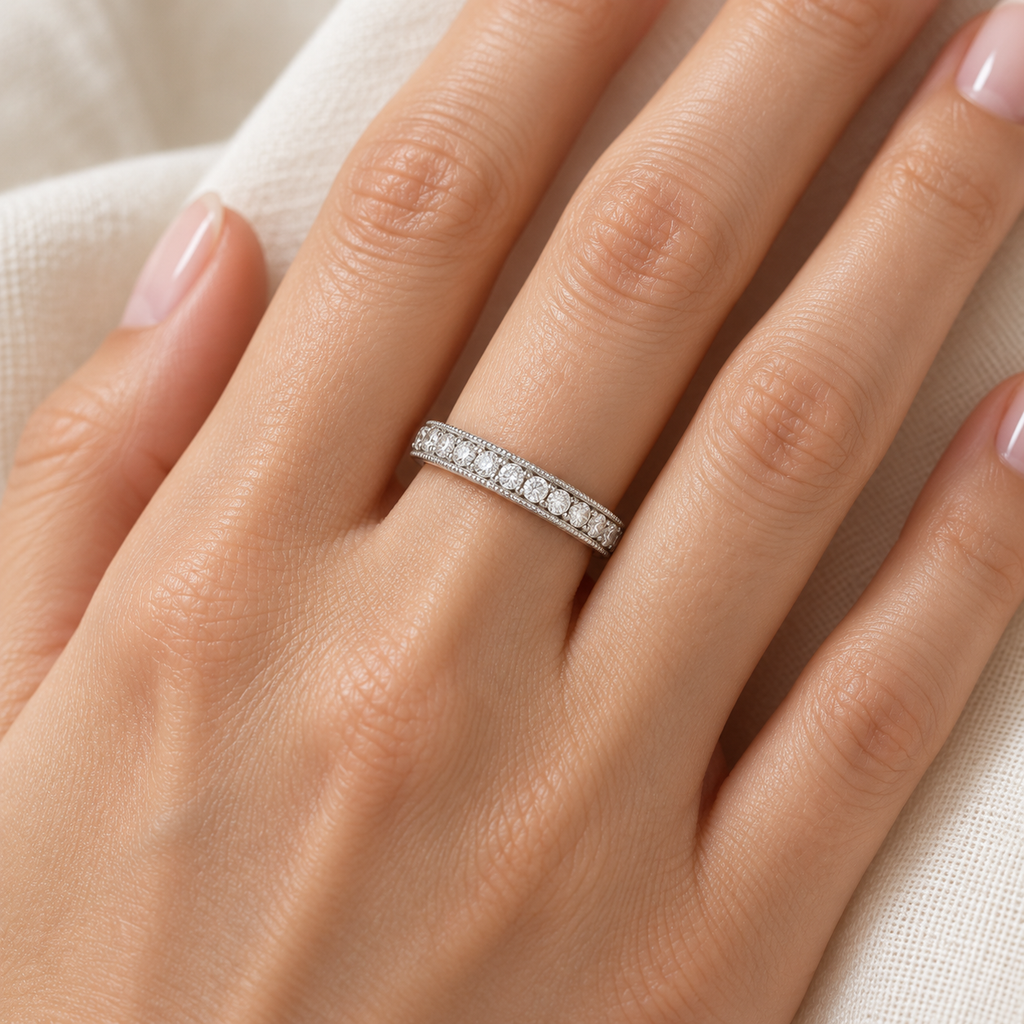 Diamond anniversary band in 14K white gold, 3 mm, 0.31ct — ivory linen hand close-up