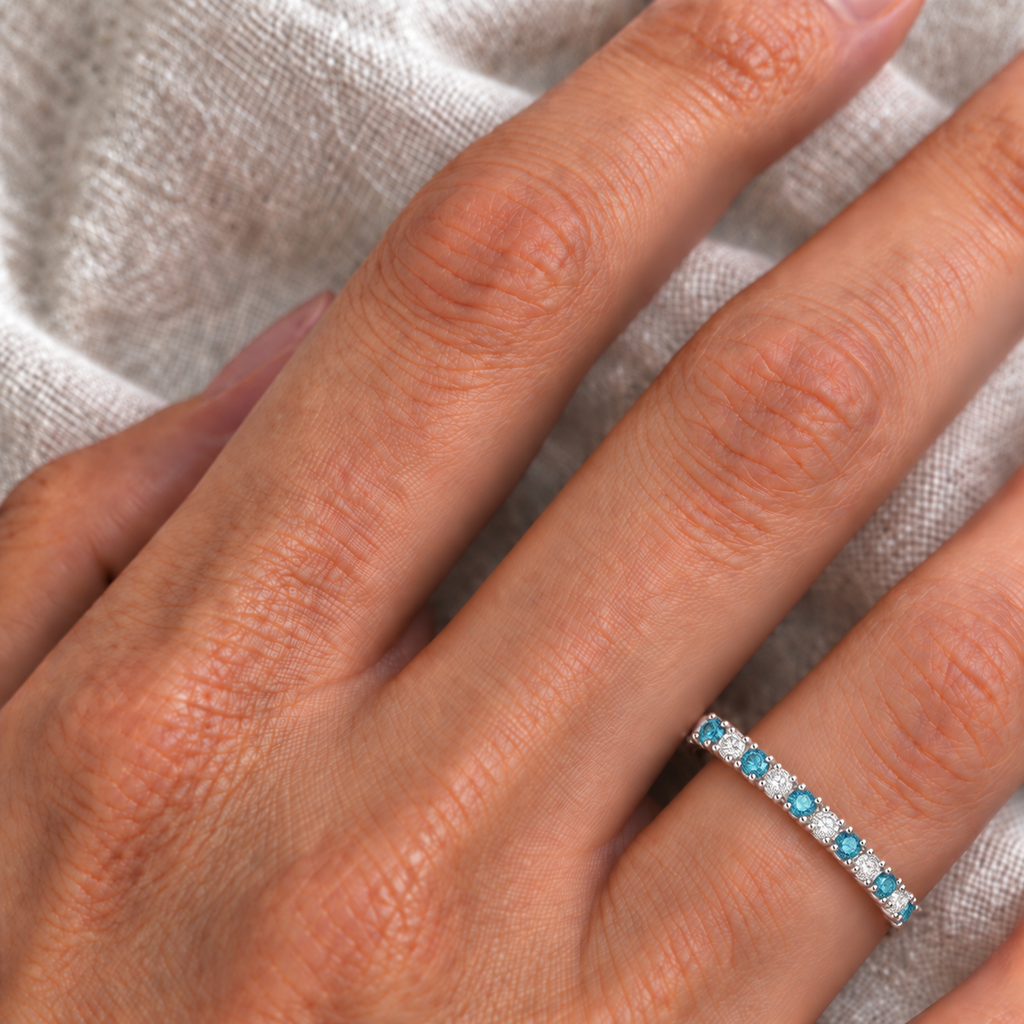 IR458 natural blue and white diamond 14k white gold 2 mm band — ivory linen close-up