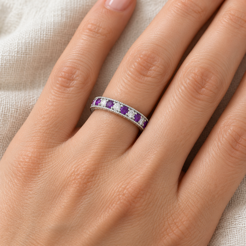 Diamond and Amethyst Band in 14K White Gold 0.60ct - ivory linen hand close-up