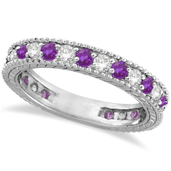 Diamond and natural amethyst alternating eternity ring band in 14K white gold, product main view