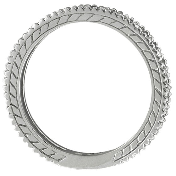 Diamond and natural amethyst eternity ring band in 14K white gold, engraved side and circular profile