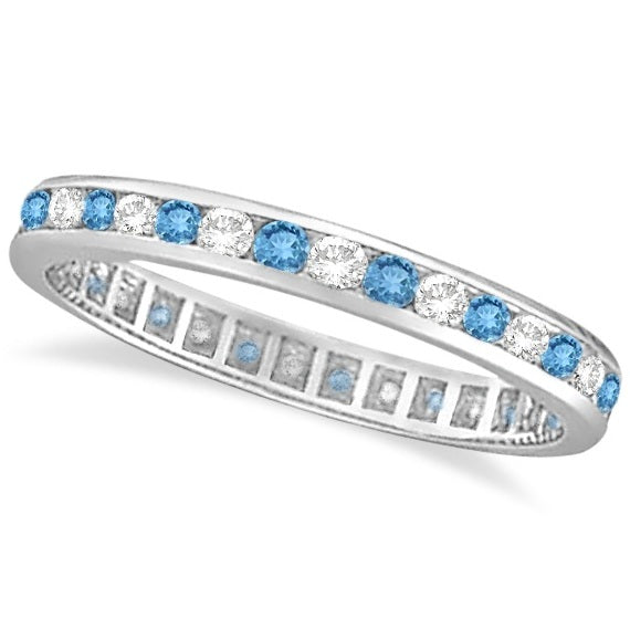 Blue topaz and diamond alternating channel-set eternity band in 14k white gold, product main