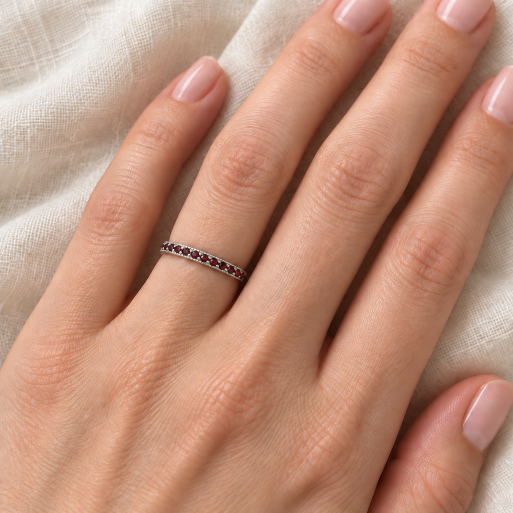 Garnet Stackable Ring Band Milgrain Edges 14k White Gold — 2 mm band close-up on ivory linen