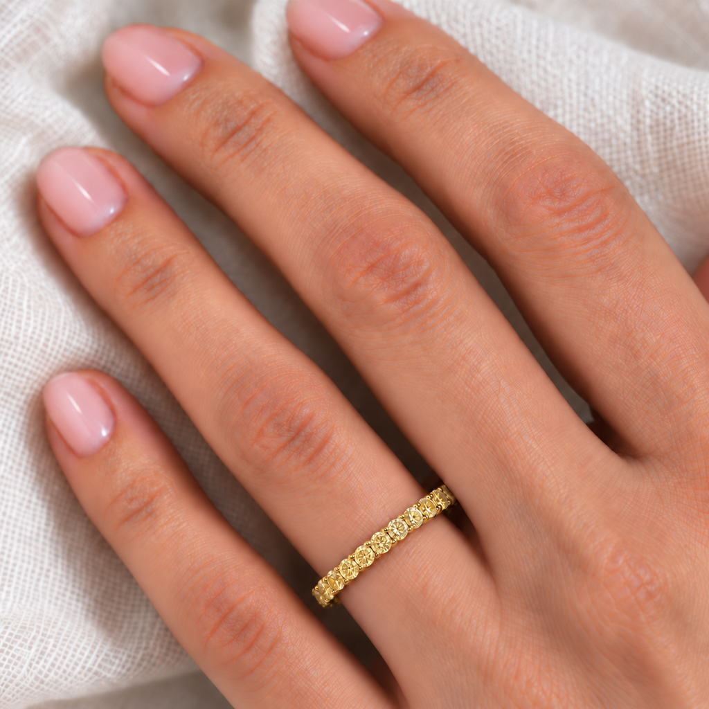 Fancy Yellow Canary Diamond Eternity Band 14k Yellow Gold 2.00ct - 3mm-scale ivory linen closeup