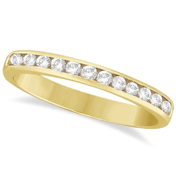 Channel-set natural diamond band in 14k yellow gold, product view on white