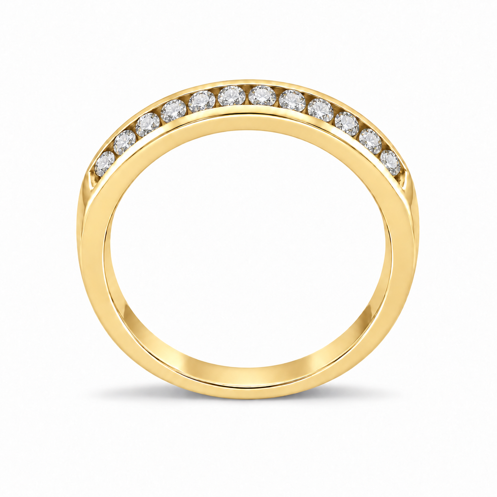 Channel-set natural diamond band in 14k yellow gold, circular true side profile on white