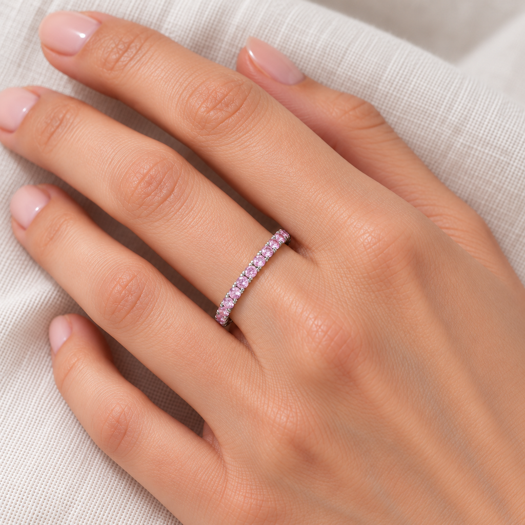 Pink Sapphire Eternity Ring Stackable Band 14k White Gold (0.73ct) — ivory linen close-up on left hand