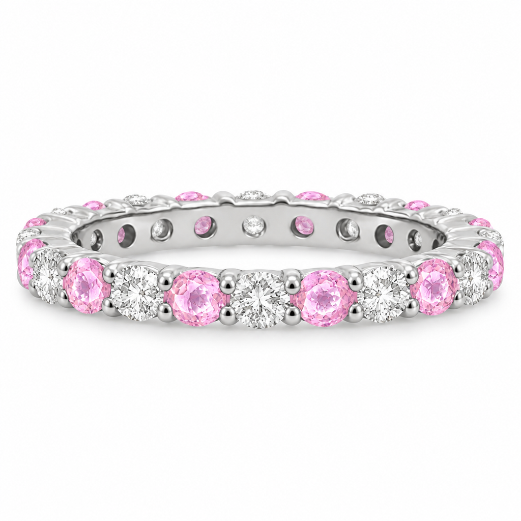 Pink sapphire and diamond eternity ring in 14k white gold, alternate profile view