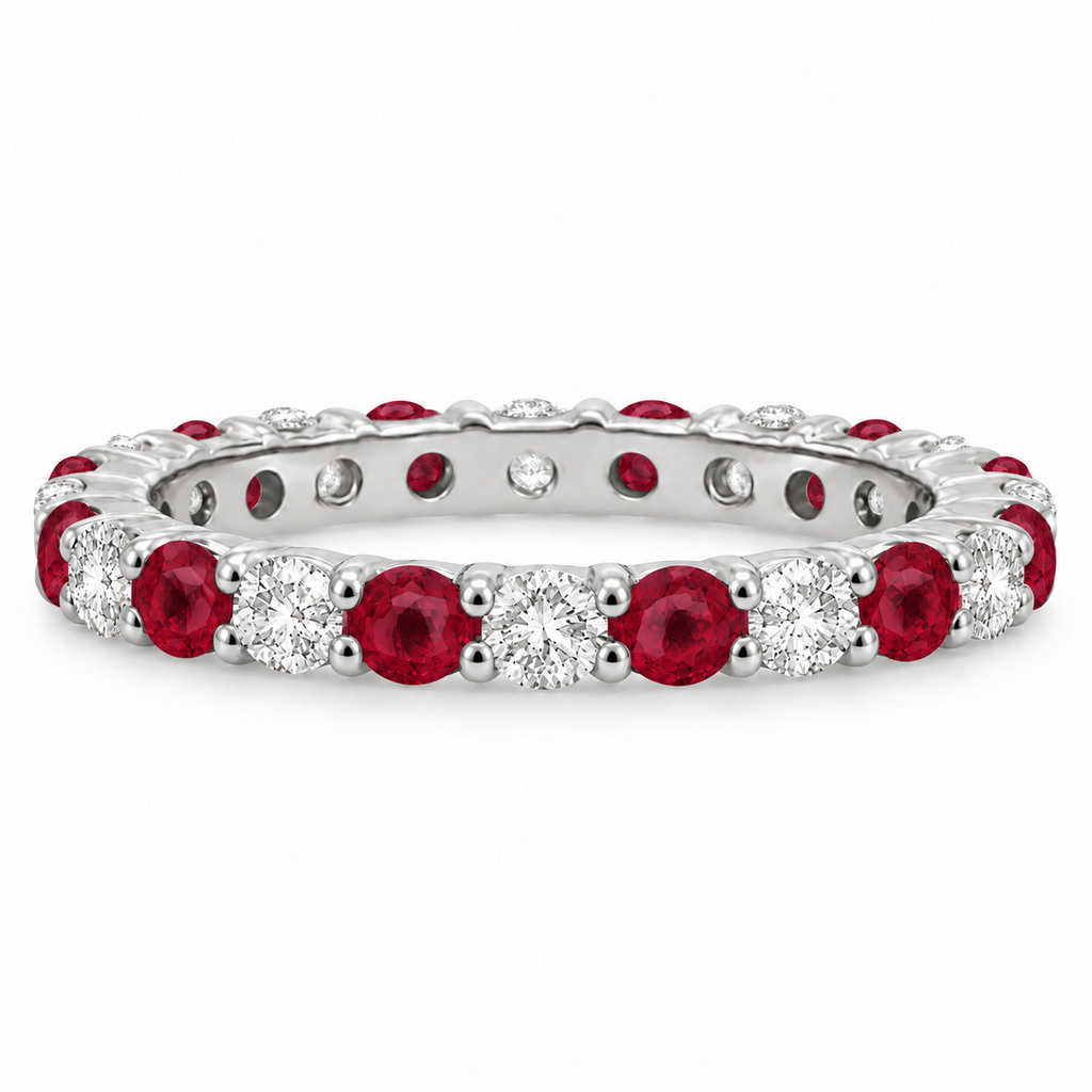Ruby and diamond eternity ring in 14k white gold, alternate profile view