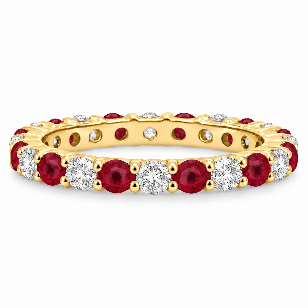 Ruby and diamond eternity ring in 14k yellow gold, alternate profile view