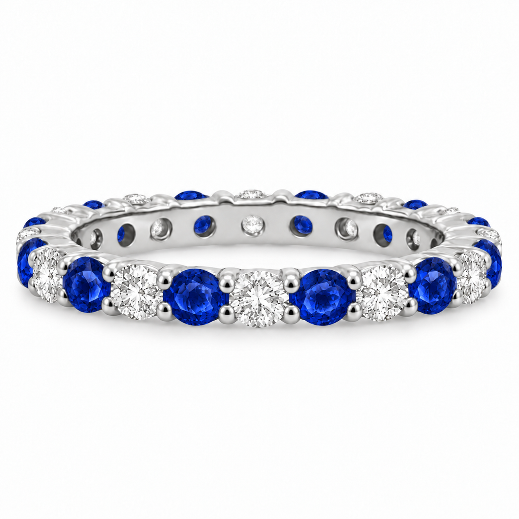 IR535 natural blue sapphire and diamond eternity ring in 14k white gold, preserved alternate profile view