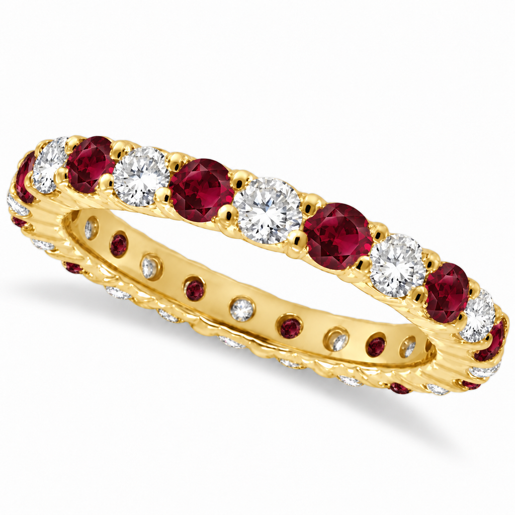 Lab-grown red garnet and lab-grown diamond eternity ring in 14k yellow gold, 2.5 mm band with 15 lab-grown garnets alternating with 14 lab-grown diamonds, main product view