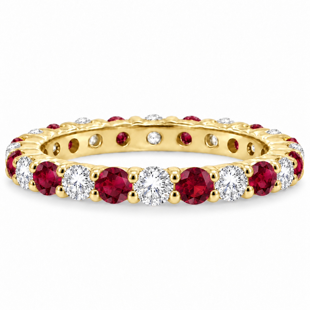 Lab-grown red garnet and lab-grown diamond eternity ring in 14k yellow gold, 2.5 mm alternating band, alternate profile view