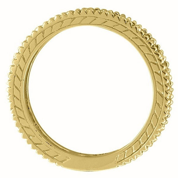 Circular side profile of natural ruby and diamond anniversary ring band in 14k yellow gold