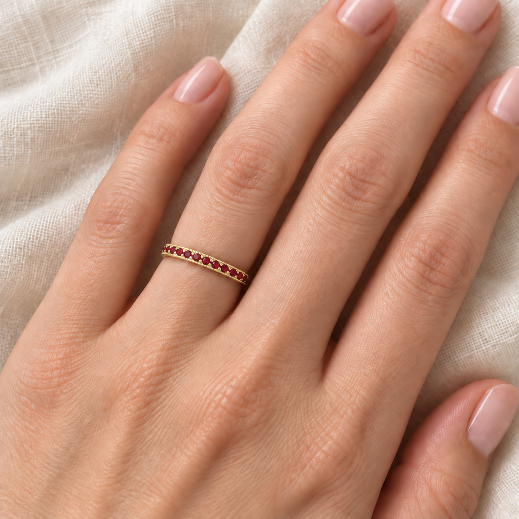 Ruby Stackable Ring Band Milgrain Edges 14k Yellow Gold — 2 mm band close-up on ivory linen
