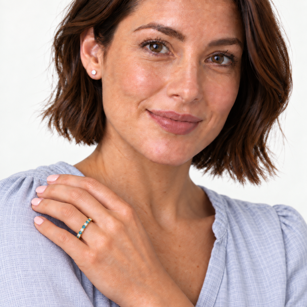 IR671 natural blue and white diamond 14k yellow gold 2 mm band — studio portrait