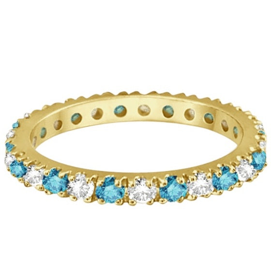 Alternating fancy blue and white diamond 14K yellow gold 2 mm eternity band, accurate alternate profile
