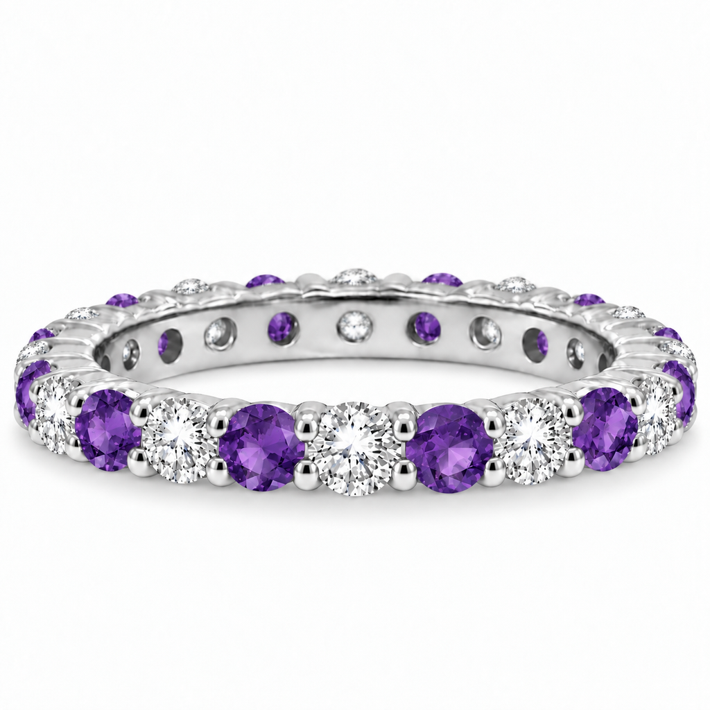 IR678LG lab amethyst and lab diamond eternity band in 14k white gold, alternate profile view