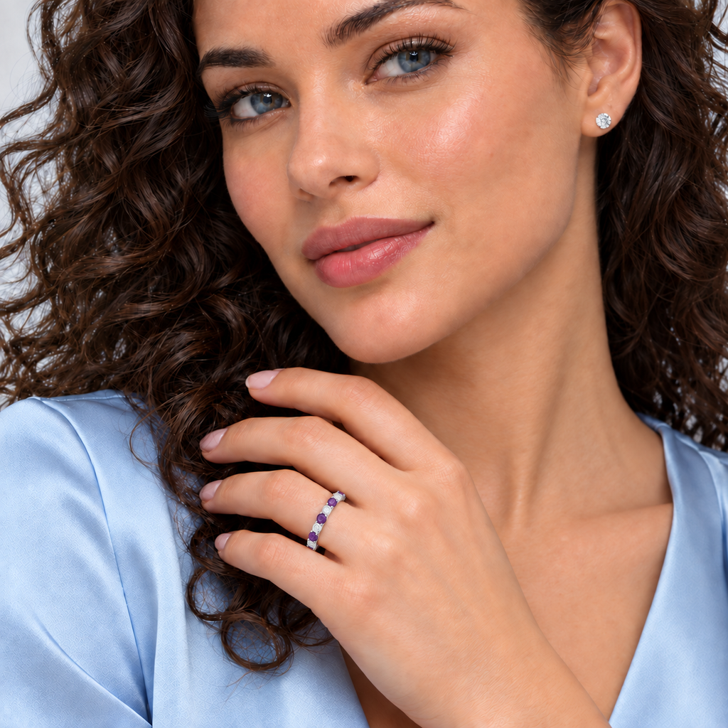 IR678LG lab amethyst and lab diamond eternity band in 14k white gold, professional studio portrait