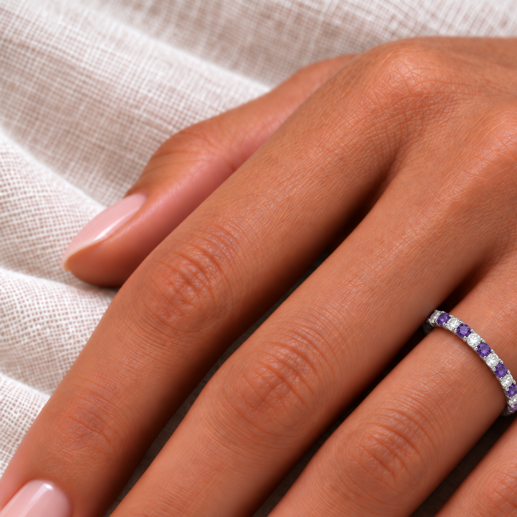 Lab amethyst and lab-grown diamond eternity band in 14k white gold, 1.07ct - fine-scale ivory linen closeup