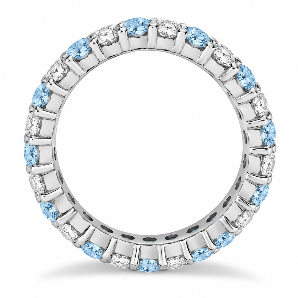 Aquamarine and diamond eternity ring in 14k white gold, true side profile