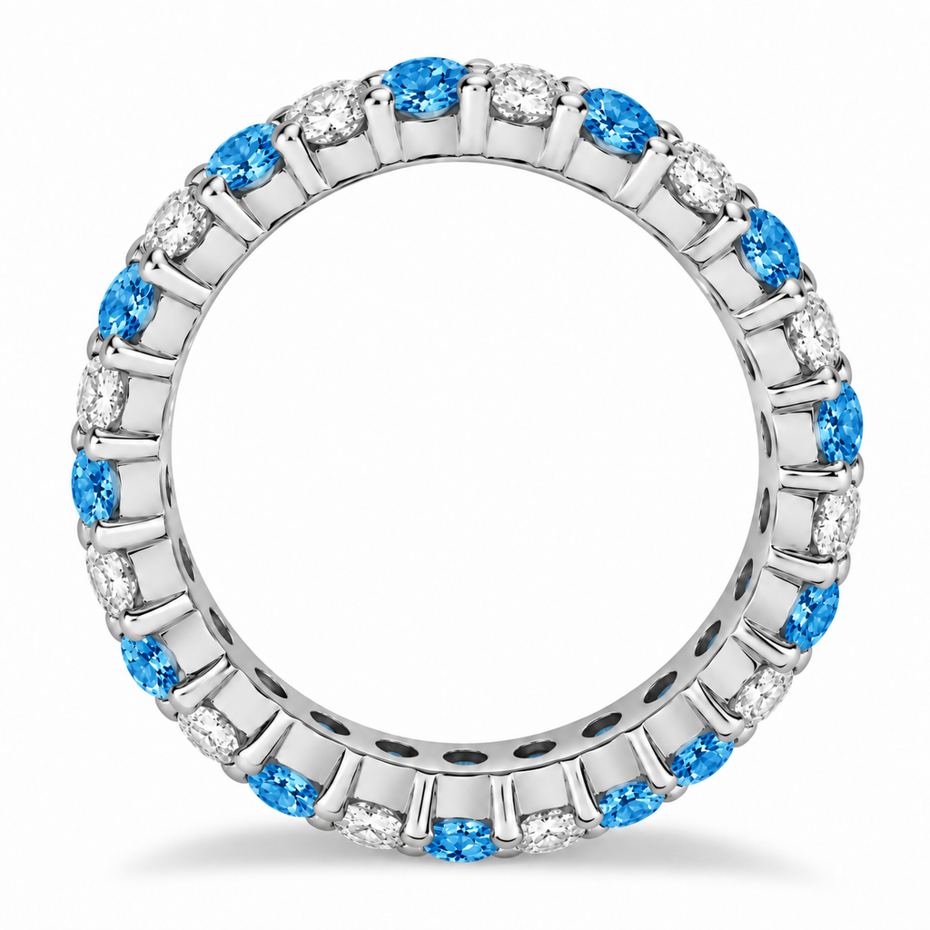 Lab blue topaz and lab diamond eternity ring in 14k white gold, preserved true side profile