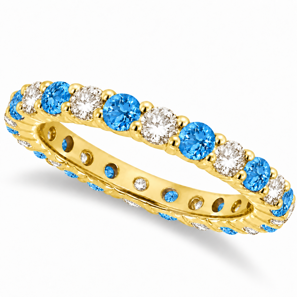 Lab blue topaz and lab diamond eternity ring in 14k yellow gold, main product view