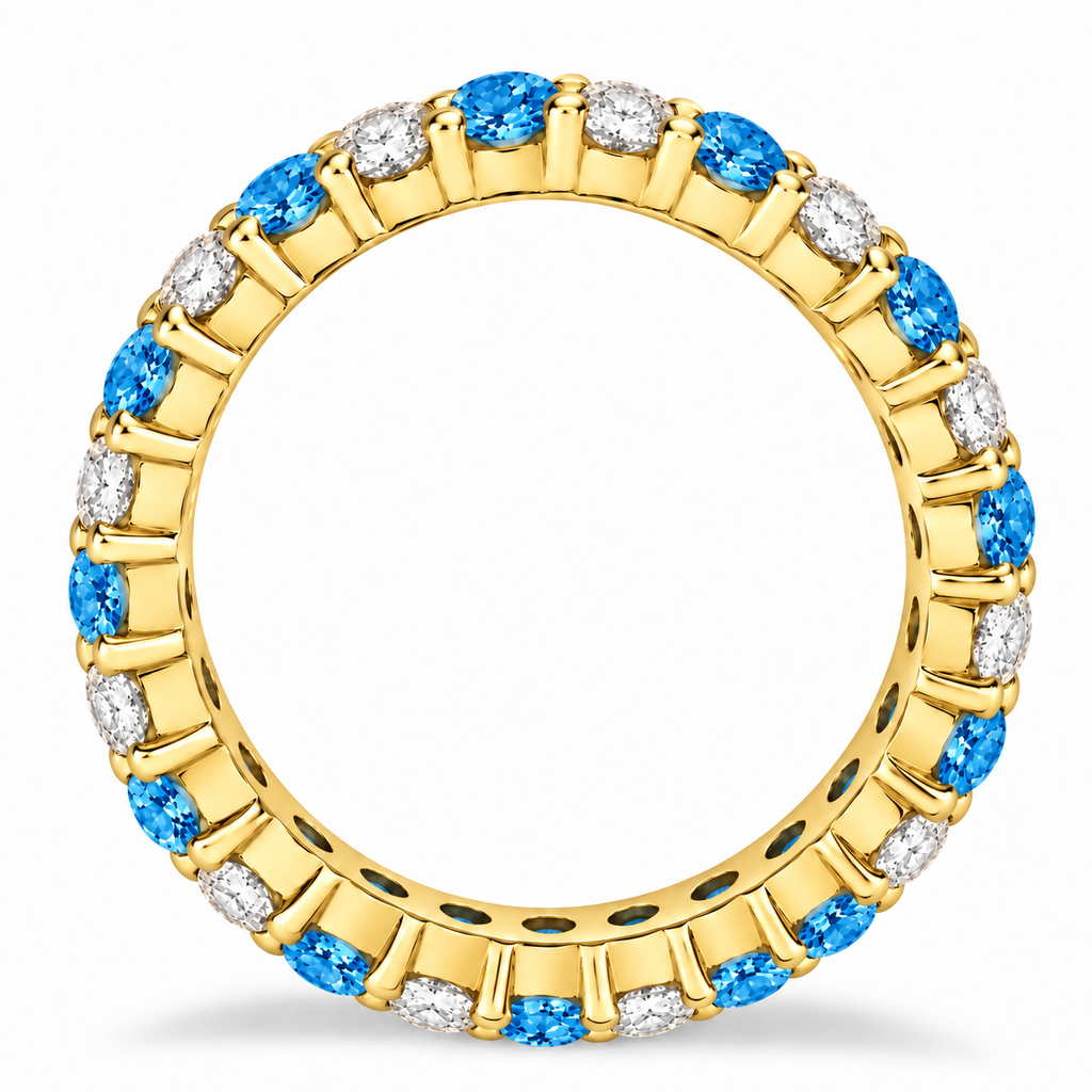 Lab blue topaz and lab diamond eternity ring in 14k yellow gold, true side profile