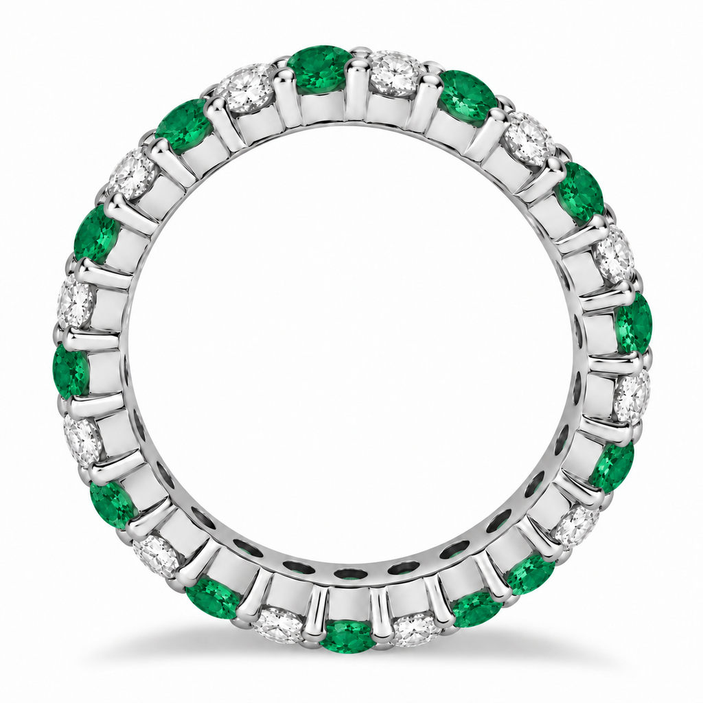Lab emerald and lab diamond eternity ring in 14k white gold, true side profile