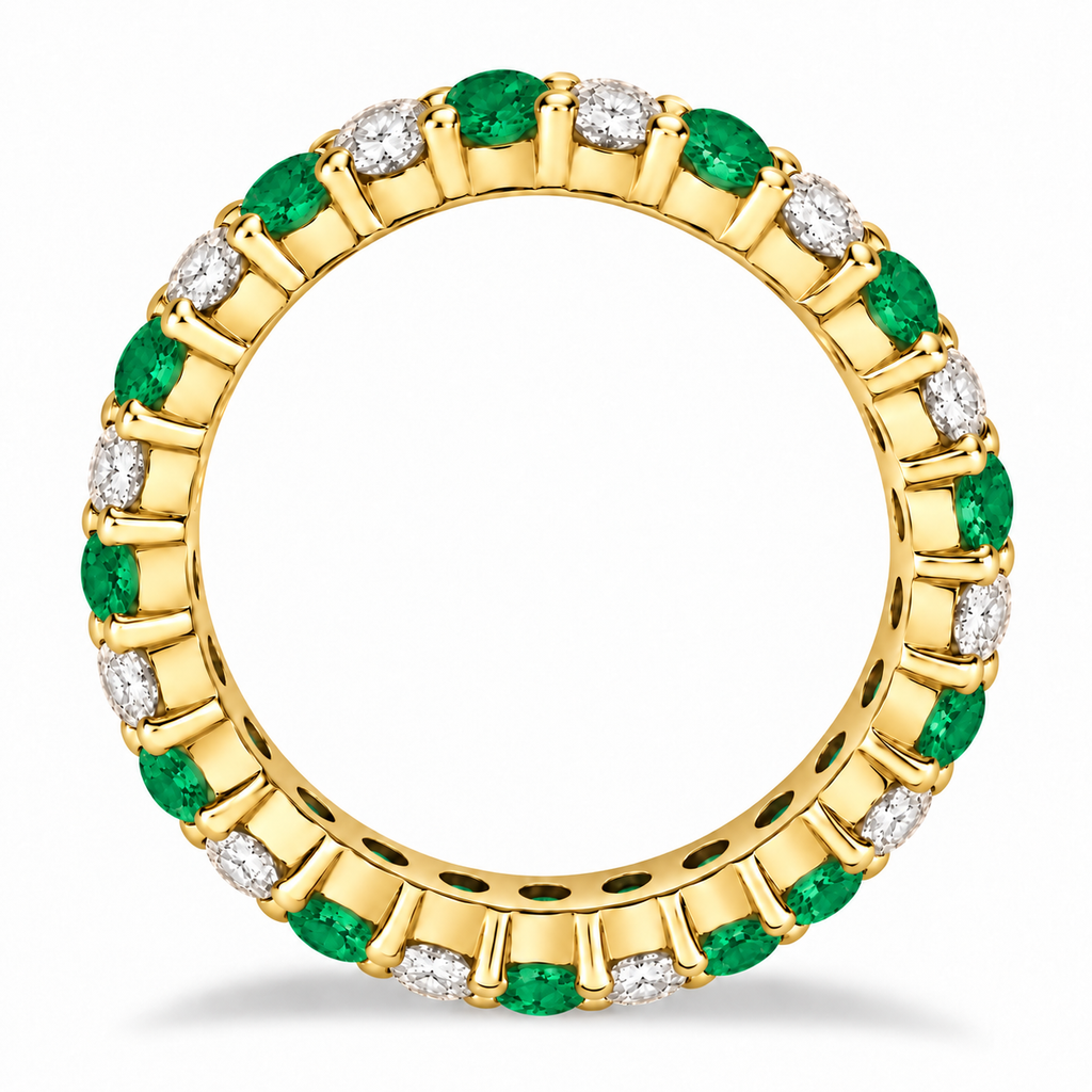 Emerald and diamond eternity ring in 14k yellow gold, true side profile