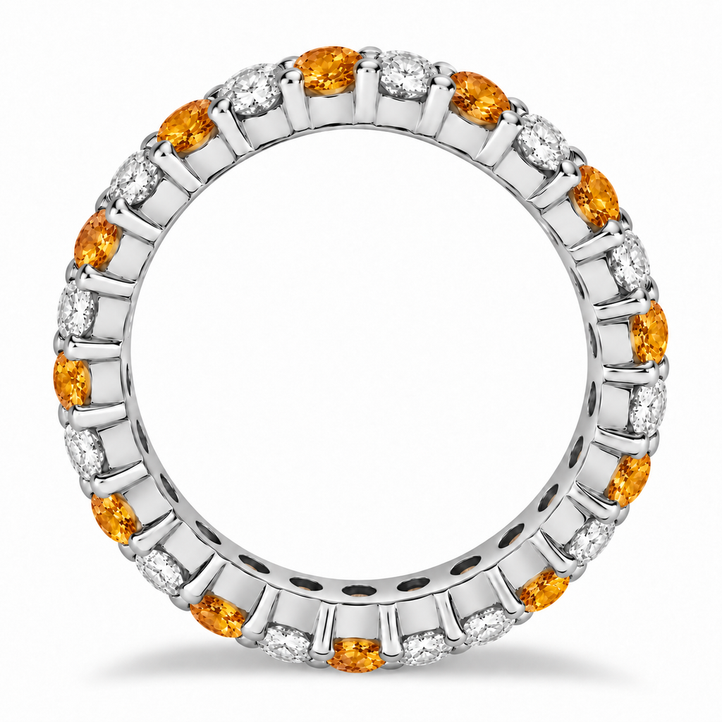 Lab citrine and lab diamond eternity ring in 14k white gold, preserved true side profile
