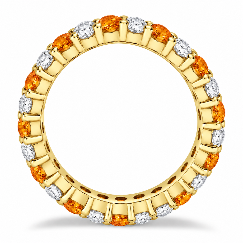 Lab citrine and lab diamond eternity ring in 14k yellow gold, preserved true side profile