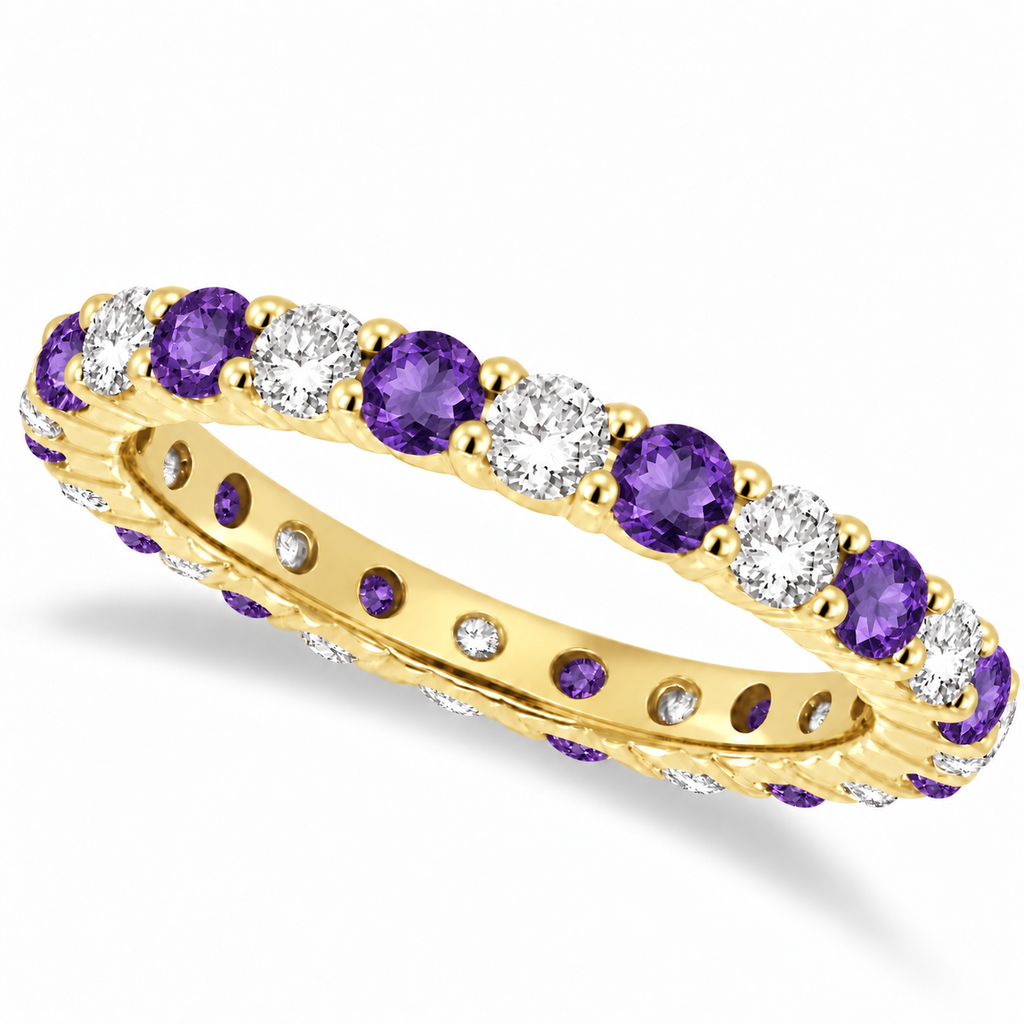 Lab purple amethyst and lab diamond eternity ring in 14k yellow gold, main product view