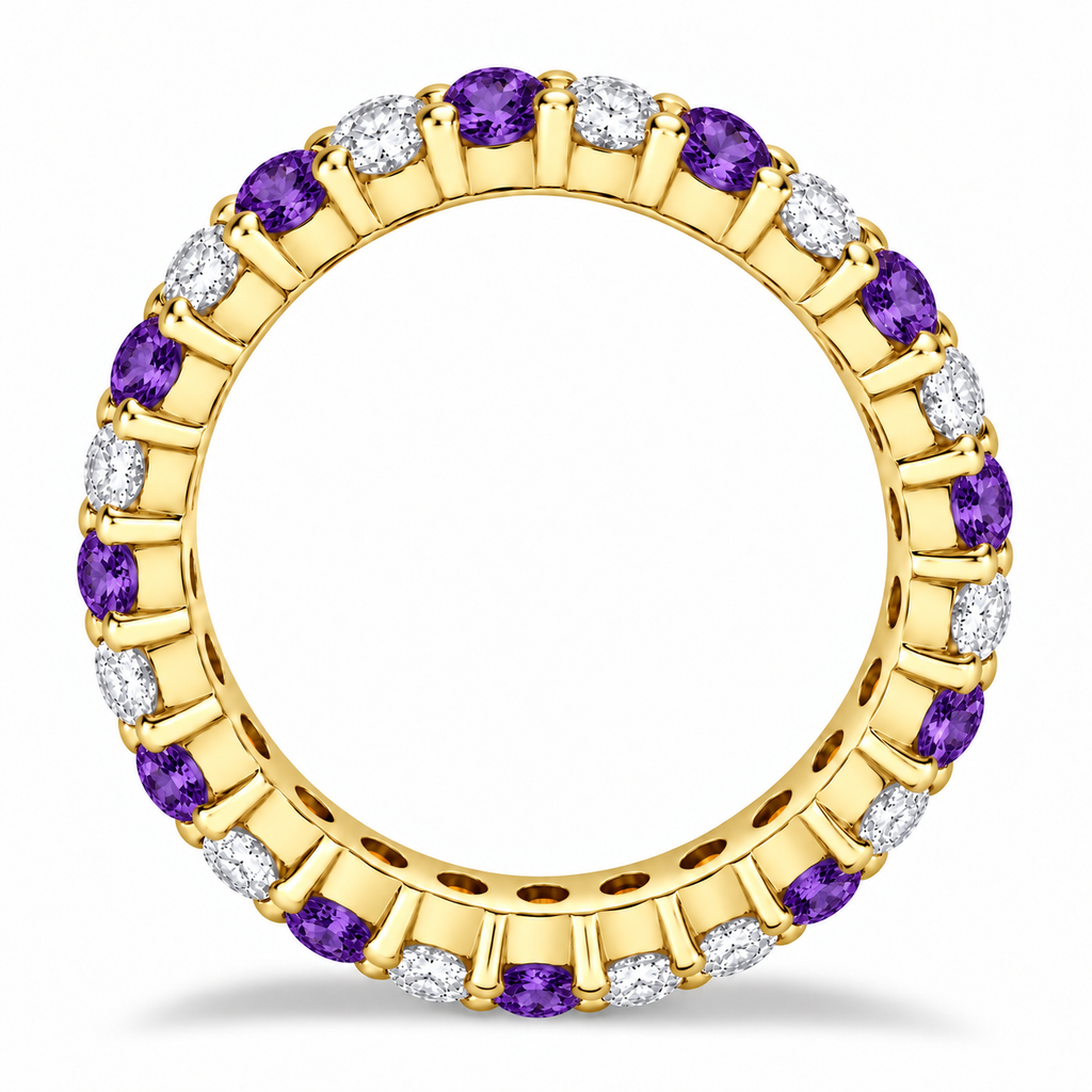 Lab purple amethyst and lab diamond eternity ring in 14k yellow gold, preserved true side profile